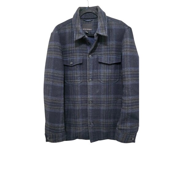 Banana Republic Mens Navy Blue & Gray Plaid Wool-Blend Button-Up Jacket With Poc - Picture 1 of 10